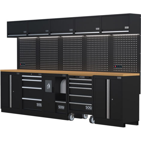Arredamento modulare in lamiera SOGI ARR-OFF-3400-L per officina e garage - piano in legno - 3400x465x2000 mm