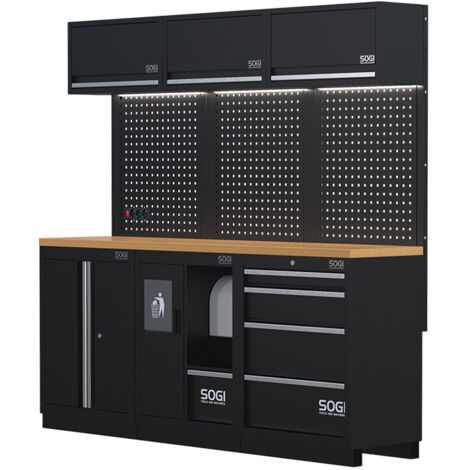 Arredamento modulare in lamiera SOGI ARR-OFF-2040-L per officina e garage - piano in legno - 2040x465x2000 mm