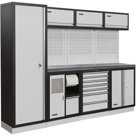 Arredamento modulare per officina FERVI A008G - 2640 x 498 x 2000 h mm - piano in acciaio inox