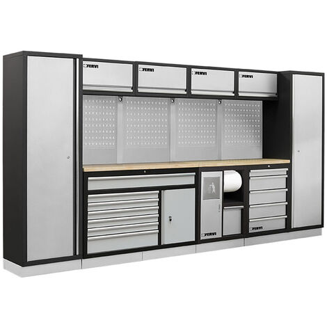 Arredamento modulare per officina e garage FERVI A007V - 3920 x 498 x 2000 h mm - piano in legno