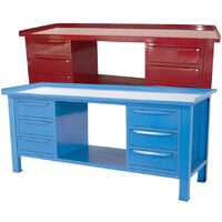 Banco da lavoro SOGI 2 m con piano in acciaio portata 1000 kg + 2 armadi a 3 cassetti - blu/rosso, ColoreRosso