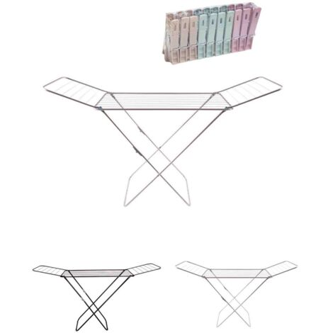 JARDIN202 - Tendedero Metálico de Ropa Plegable Incluye 20 Pinzas  Tendal de Estructura Metálica Ligera con Alas para Exterior o Interior   (Plata)