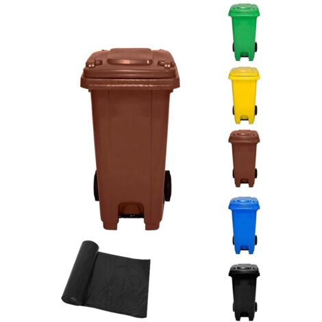 JARDIN202 - Cubo de Basura  120 Litros con Pedal y Ruedas   Contenedor de Basura Robusto con PEDAL  120 L + Bolsas (Marrón)