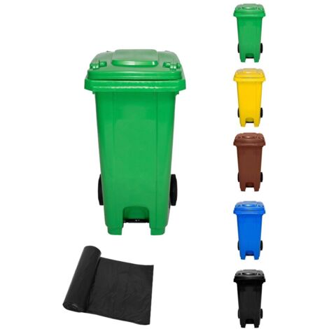 JARDIN202 - Cubo de Basura  120 Litros con Pedal y Ruedas   Contenedor de Basura Robusto con PEDAL  120 L + Bolsas (Azul)