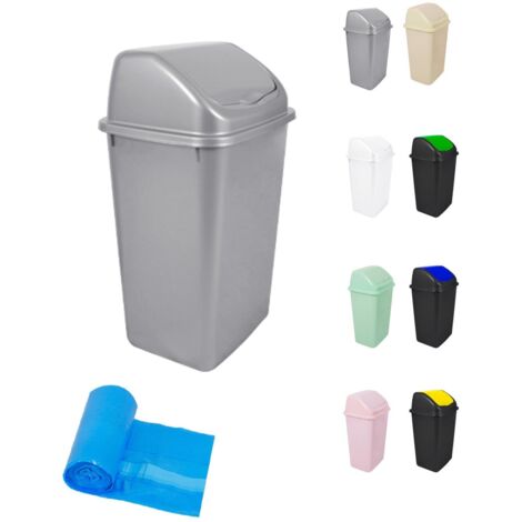 JARDIN202 - Cubo de Basura con Tapadera Basculante - 30/50 Litros - Ideal para Hogar y Oficina  30 L + Bolsas (Plata)