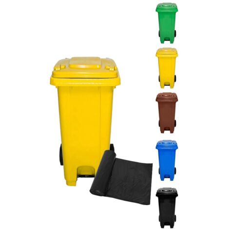 JARDIN202 - Cubo de Basura  120 Litros con Pedal y Ruedas   Contenedor de Basura Robusto con PEDAL  120 L + Bolsas (Amarilla)
