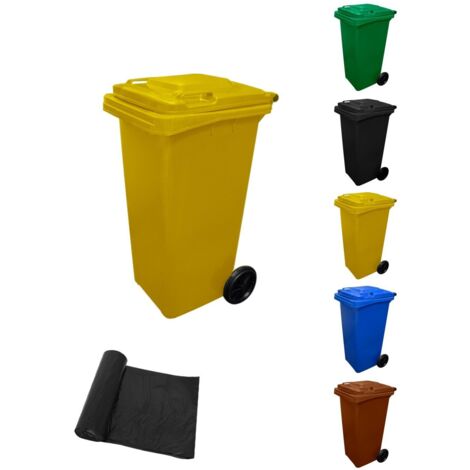 JARDIN202 - Contenedor de Basura Reciclables de Colores con Ruedas   Mango antideslizante  120 L + Bolsas (Amarilla)