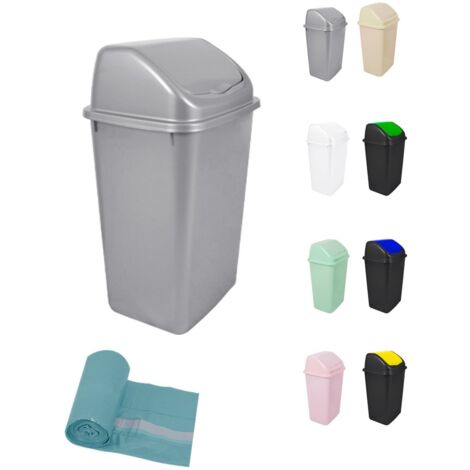JARDIN202 - Cubo de Basura con Tapadera Basculante - 30/50 Litros - Ideal para Hogar y Oficina 50 L + Bolsas (Plata)