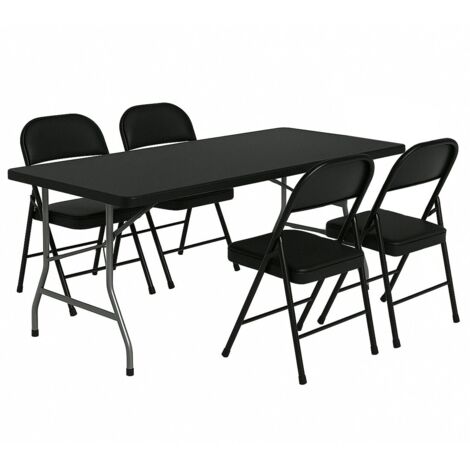 JARDIN202 - Mesa Plegable Rectangular 180x70x74cm Catering  Mesa Resina con Patas de Acero Plegable para Eventos y terrazas  + 4 Sillas (Negro)