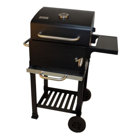 JARDIN202 - Barbacoa de Carbón con Tapa y Termómetro Kansas Grill Ajustable con Parrilla Cromada y Calentador Superior Ruedas Grandes Negro