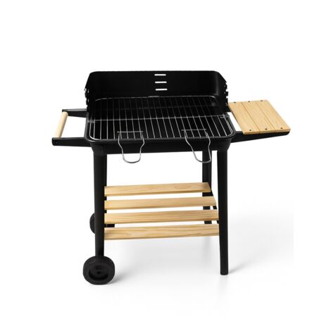 JARDIN202 - Barbacoa Rectangular de Carbón con Parrilla Cromada Arizona  Ruedas para Transporte  Bandeja de Madera  Grill Exterior  Negro