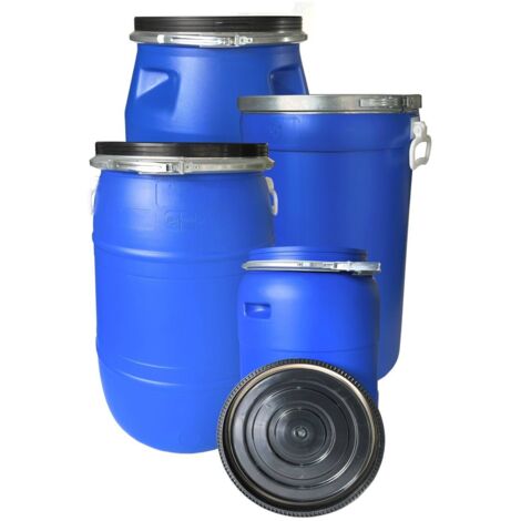 JARDIN202 - Bidón de Plástico Boca Ancha Azul  Homologado para Uso Alimentario y Almacenaje Seguro  Cierre Ballesta   (65 LITROS (Con Asas))