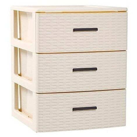 JARDIN202 - Cajonera de ordenación RATTAN de plástico  Efecto mimbre  Torre de almacenaje multiusos  3 cajones (Beige)