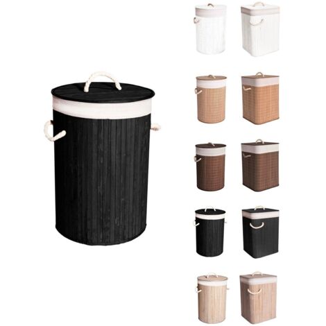 JARDIN202 - Cesto Ropa Sucia Bambú – Cesta de la Colada Plegable con Bolsa Extraíble y Asas -  Cubo Ropa con tapa  Redondo (Negro)