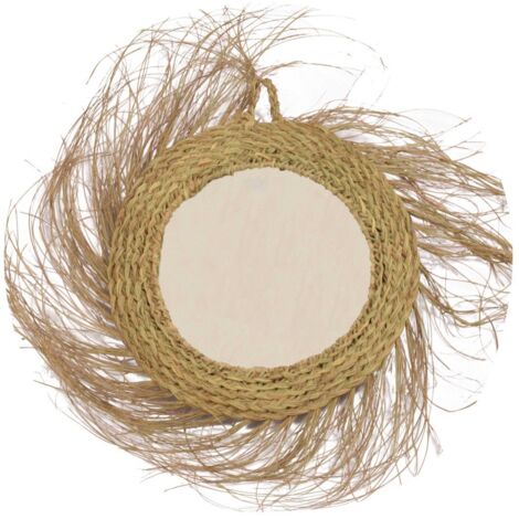JARDIN202 - Espejo de Esparto Pared Decorativo con Fibras Naturales – Espejo Redondo Vintage Grande (Con flecos)