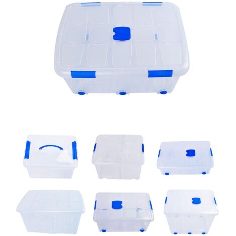 JARDIN202 - Cajas de Almacenaje Ordenación de plástico Transparentes con Tapa Azul  Con y Sin Ruedas  Ropa, Libro,  Juguestes  Pack 4 uds (30L)