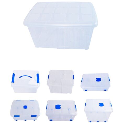 JARDIN202 - Cajas de Almacenaje Ordenación de plástico Transparentes con Tapa Azul  Con y Sin Ruedas  Ropa, Libro,  Juguestes  Pack 6 uds (60L)