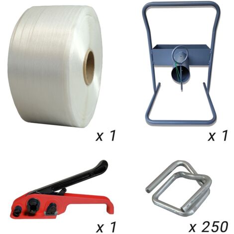 Kit Feuillard Polyester Fil à Fil 13mm X 1100m - Résistance 375kg - Avec Tendeur Et Boucles