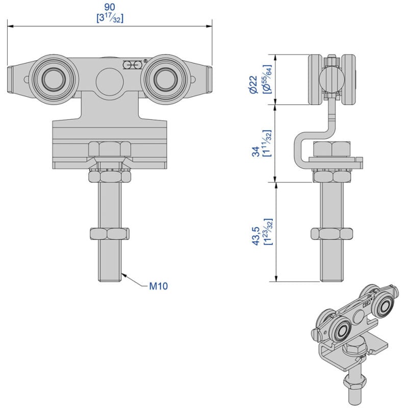 Roulette double Acier pour rail 35x30 avec vis M10-PAR 2-Mantion