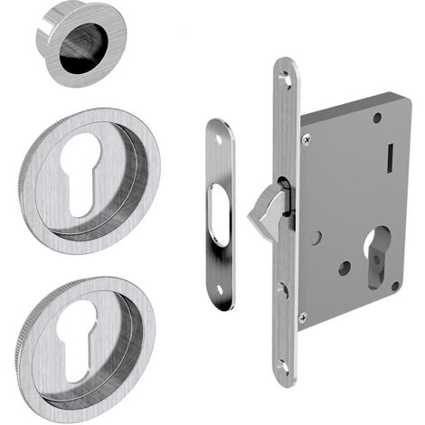 Slid'Up By Mantion – Kit serrure à cylindre Yale pour porte coulissante – 2 poignées rondes Ø 57mm – Acier finition satiné – Serrure à crochet incluse