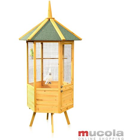Melko Volière XXL Cage à oiseaux en bois à 6 coins, 74 x 74 x 194 cm, marron