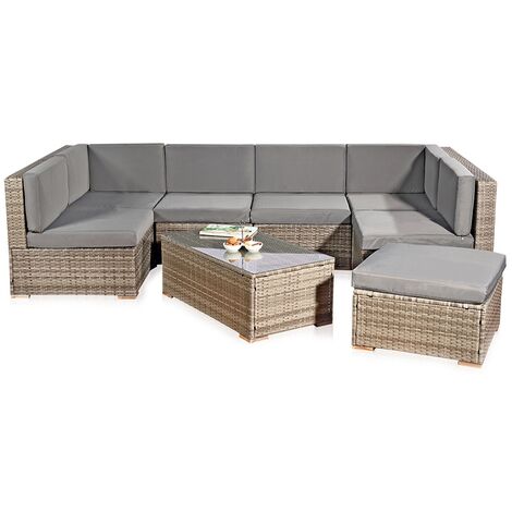 Melko – Salon de jardin en polyrattan gris – Ensemble XXL avec coussins hydrofuges – Table d'appoint avec plateau en verre – 7 places (1/5)
