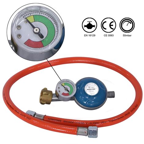 Melko – Détendeur gaz avec manomètre 50 mbar – Tuyau de 80 cm pour propane butane – Soupape de sécurité incluse – Pour appareils extérieurs