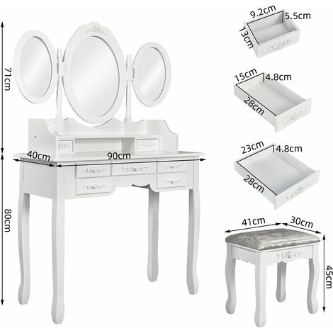 Schminktisch Weiß mit 3 Spiegeln 7 Schubladen Hocker Kosmetik Frisier Tisch 
