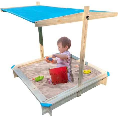 Kinder Sandkasten mit Dach NYVIKids Lucia 116x116 cm - Sandkasten mit  verstellbarer Sonnenschutz Abdeckung & 4 Sitzbänken