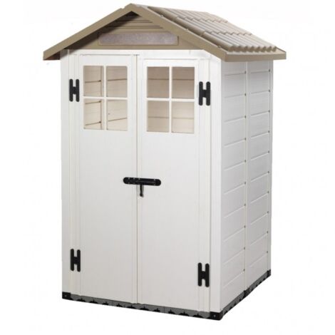 Casetta da Giardino in Resina Tuscany Evo 120 con 2 porte centrali, Pavimentazione inclusa, colore Beige, 137x144x214h cm