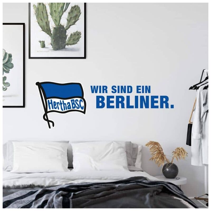 Fußball Wandtattoo Hertha BSC Schriftzug Wir sind ein Berliner Flagge Blau  Weiß Wandbild selbstklebend 60x21cm