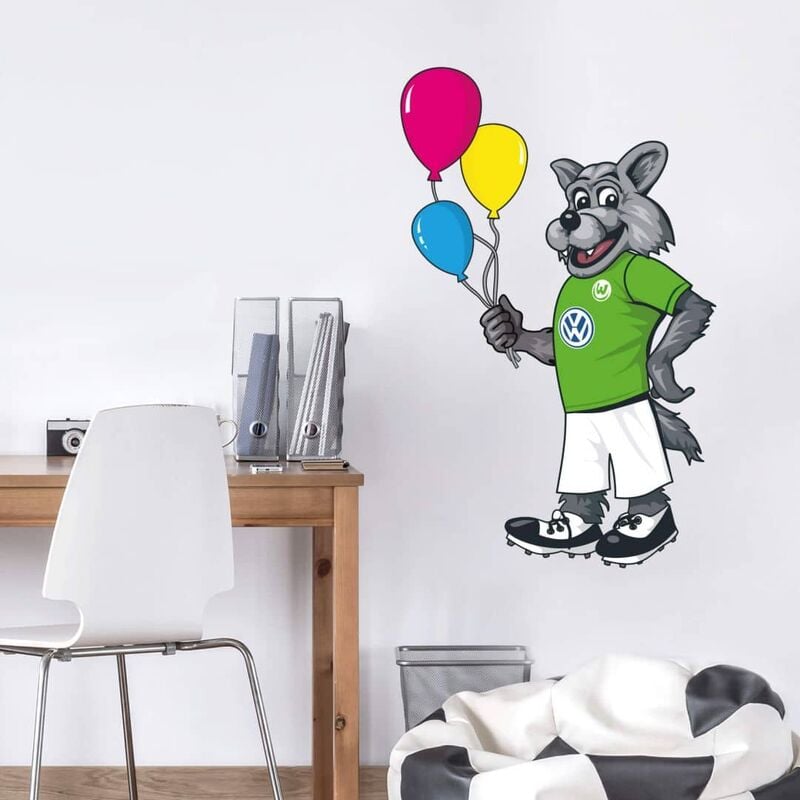 [Jetzt im Angebot! Nicht verpassen] Fußball Wandtattoo VfL 30x47cm Wölfi Wandbild Maskottchen Trikot selbstklebend Wolf Luftballons mit Wolfsburg