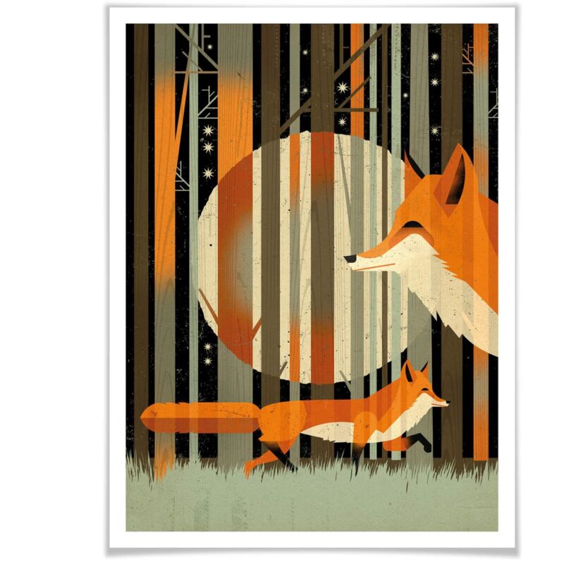 Waldtiere Foxes 24x30cm Schlafzimmer Kinder Safari Wanddeko Poster Midnight