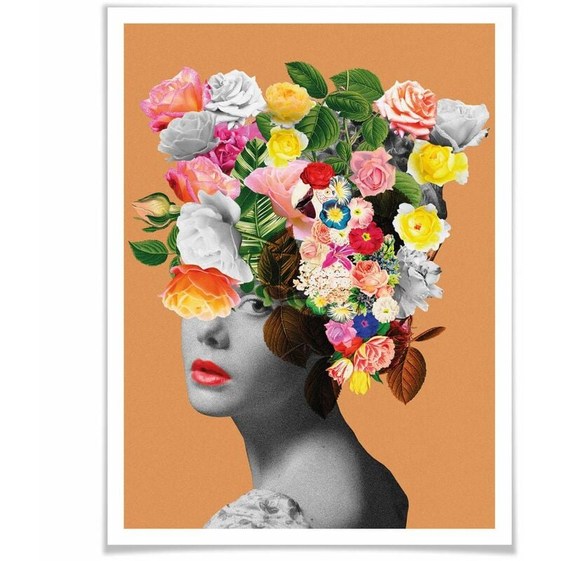 Lady Illustration Orange Wanddeko Blumen Poster Wandposter Studio 24x30cm Floral Frida