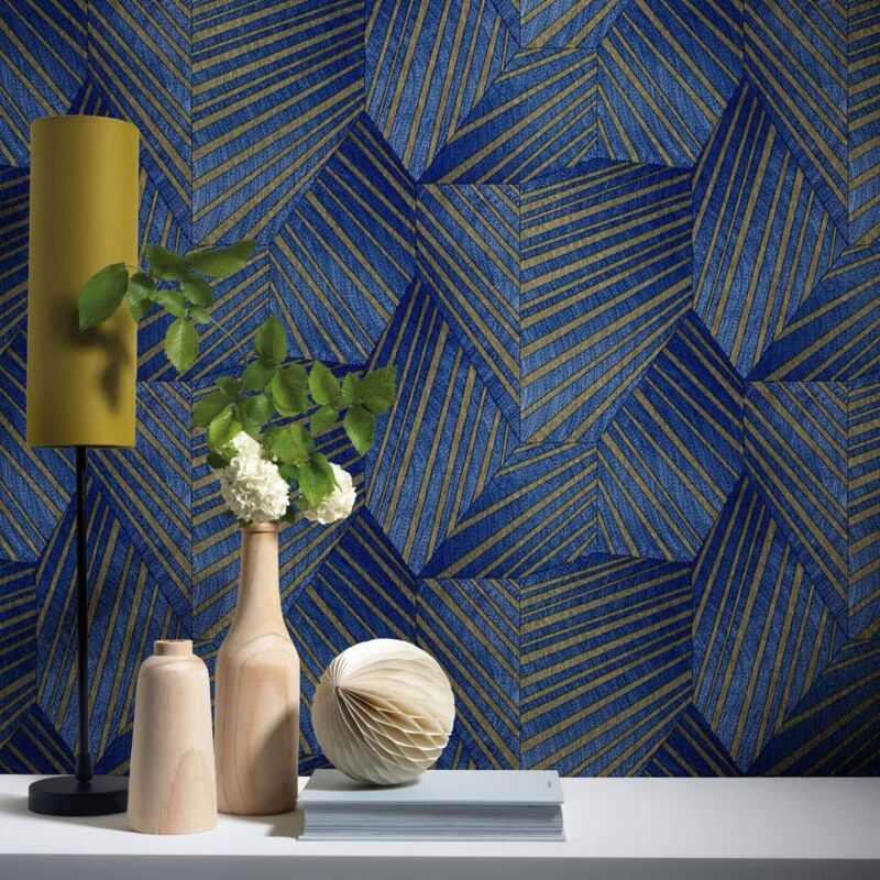 ELLE Vliestapete Trigon geometrisch Blau Wohnzimmer 10,05X0,53m Deco Art Gold