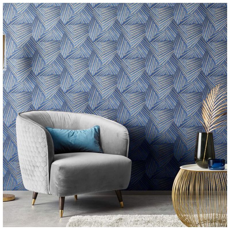 ELLE Vliestapete Trigon Wohnzimmer Art Blau geometrisch Deco Gold 10,05X0,53m