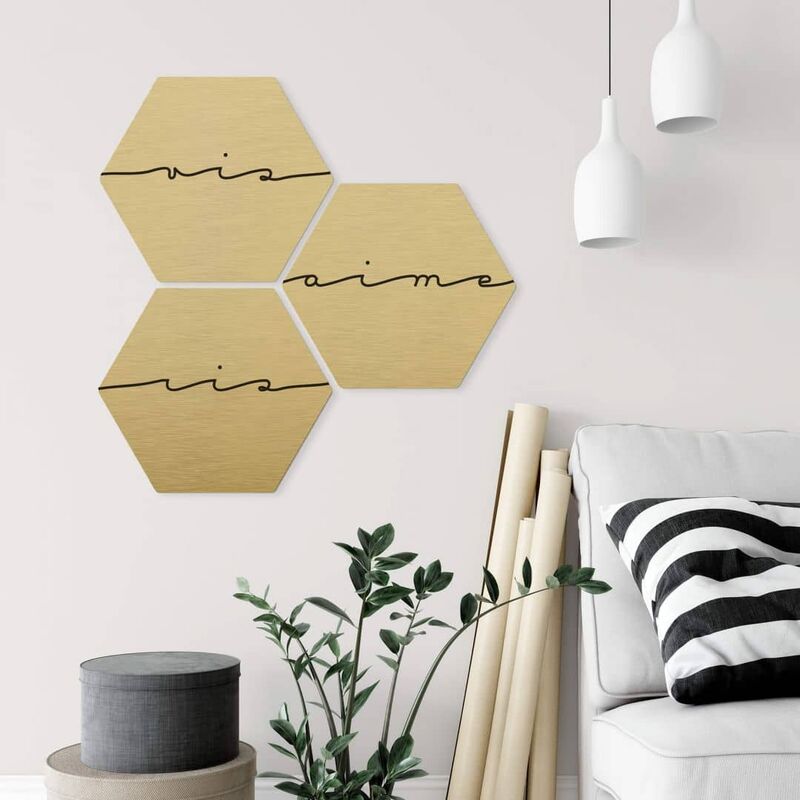 Hexagon Alu-Dibond Poster Gold Wandbild Vis Ris Aime Schriftzug Leben  Lachen Lieben 3er Set je 25x22cm