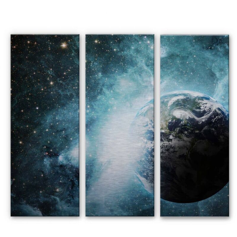 3er Set Alu-Dibond-Poster Universum Planet Metalloptik Galaxie 120x100cm Wandbild Sterne Erde
