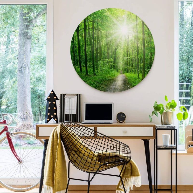Alu-Dibond-Poster Rund Metalloptik Wandbild Sonnenlicht Wald Spaziergang  grüne Bäume Natur Ø 30cm