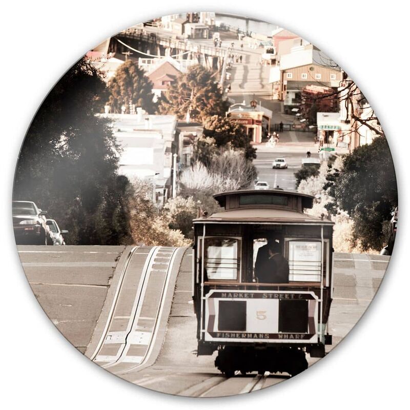 bedrucktes Sicherheitsglas Wandbild Rund Glasbild San Francisco Cable Cars  Vintage Ø 30cm