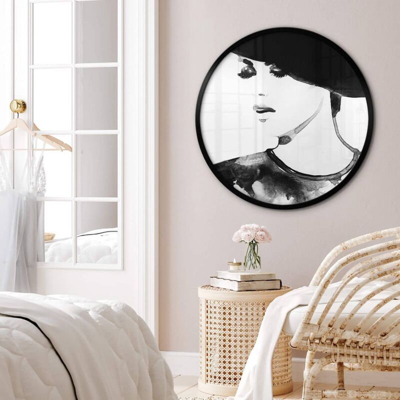Schlafzimmer Wandbild Boho Poster Kunstdruck Rundes Lady Deko 30cm schwarz-weiß Ø Mode Fashion