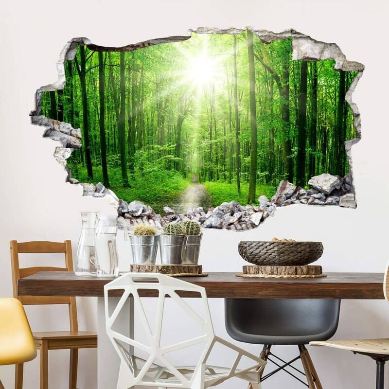 3D Wandtattoo Natur Wohnzimmer Mauerdurchbruch selbstklebend Wald grüne Wandsticker Sonnenstrahlen Bäume 95x58cm