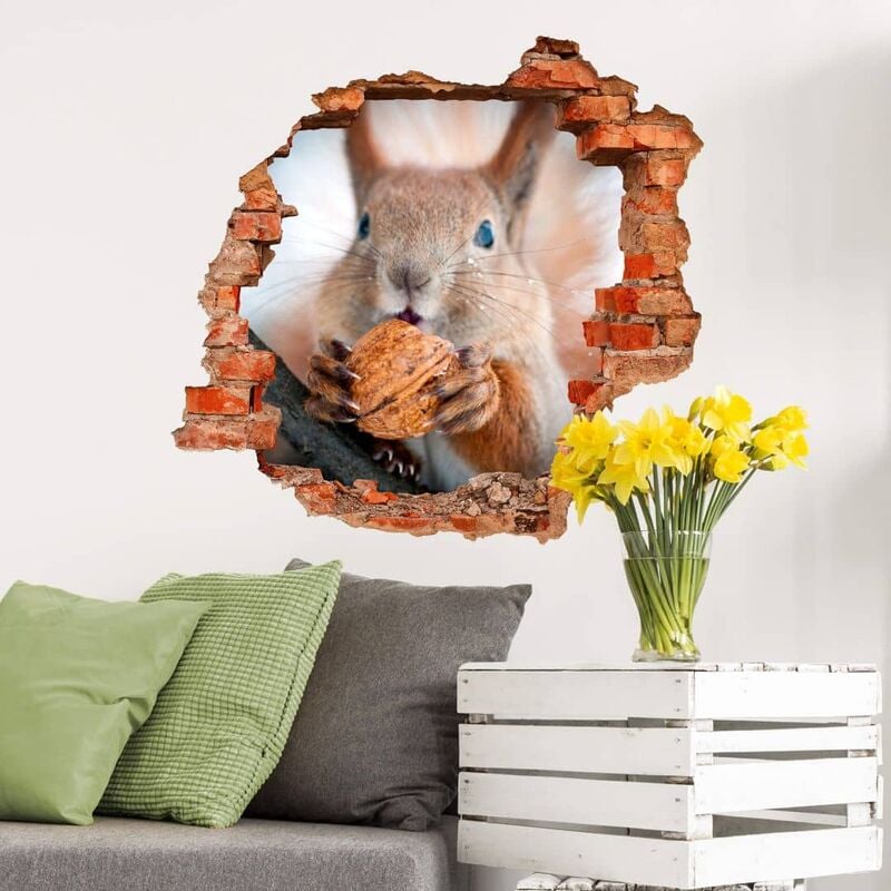 3D Wandtattoo Wohnzimmer Waldtiere Wandsticker Kinder Mauerdurchbruch mit Nuss Eichhörnchen selbstklebend 40x38cm