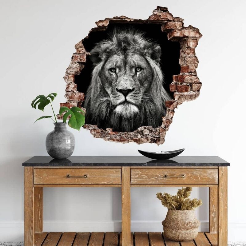3D Wandtattoo Wohnzimmer Meermann Safari Tiere Löwe schwarz weiß Fotografie  Mauerdurchbruch selbstklebend 40x38cm