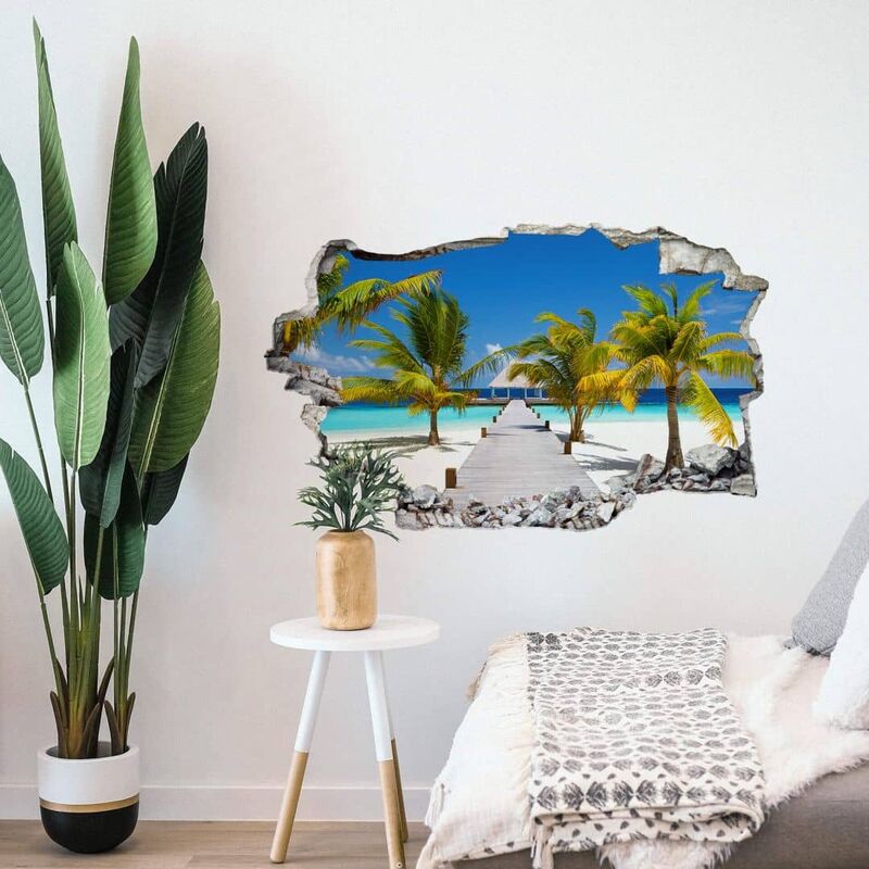 3D Wandtattoo Aufkleber Palmen Insel Sommer Urlaub Der Weg ins Paradies  Mauerdurchbruch selbstklebend 40x24cm