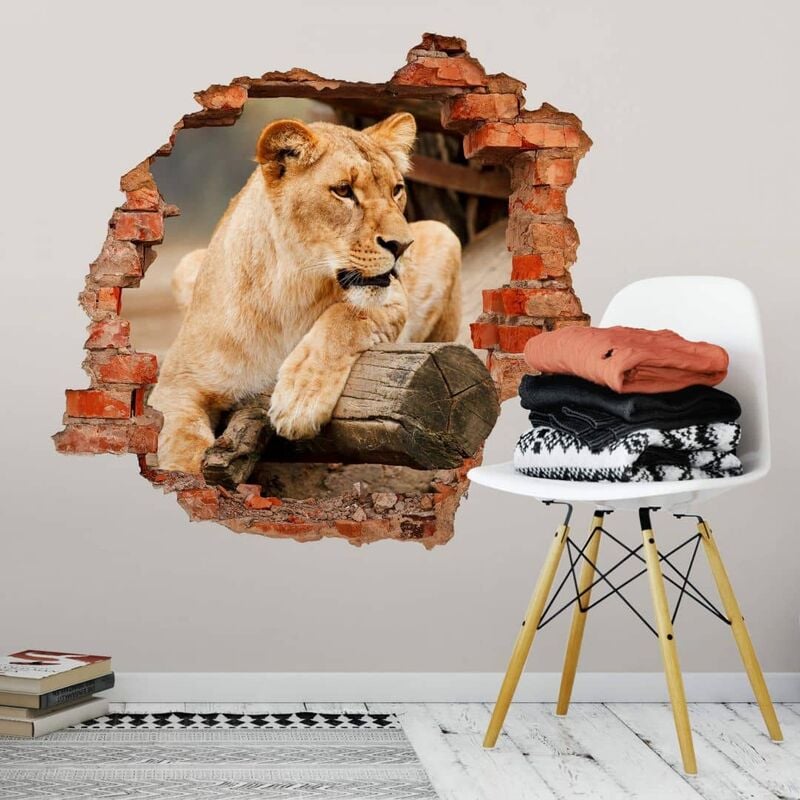 Löwe 3D Löwin Tiere Kinderzimmer Safari Wohnzimmer Mauerdurchbruch Afrikanische Wandtattoo 40x38cm selbstklebend Wilde