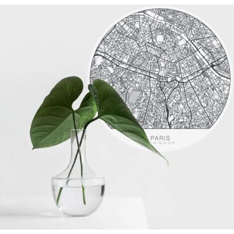 Paris Wandtattoo selbstklebend Tapete Schwarz Weiß Stadtplan Druck Ø30cm