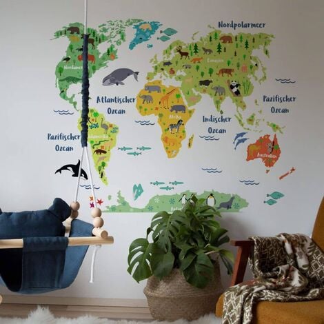 Wandtattoo Tierwelt große Weltkarte Kinderzimmer Aufkleber 120x90cm selbstklebend