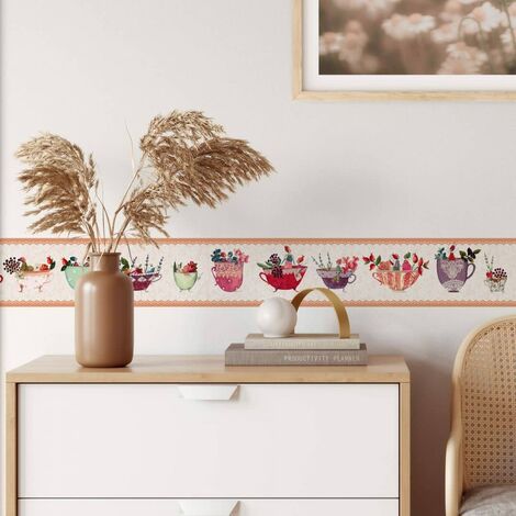 Bordüre Kunstdruck Leffler Esszimmer Tassen Blumen Küche floral Dream Cups  selbstklebende Deko Zierleiste 1 x 120x10cm