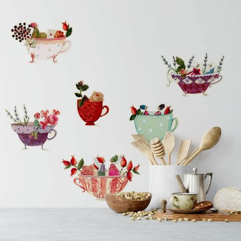 Dream Cups Wandbild 30x19cm floral Kunstdruck Blumen Deko selbstklebend Rosen Leffler Wandtattoo Küche Tasse